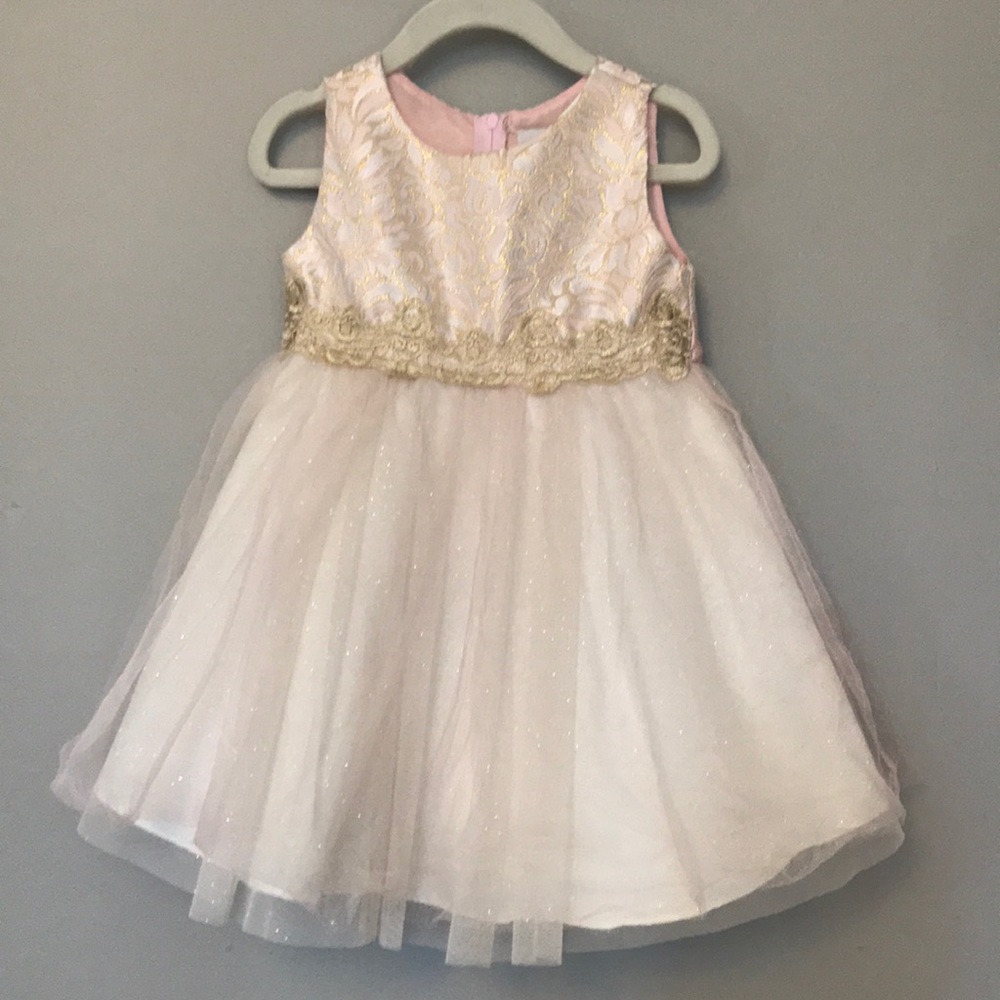 Ivory, gold and pink lace and tulle dress